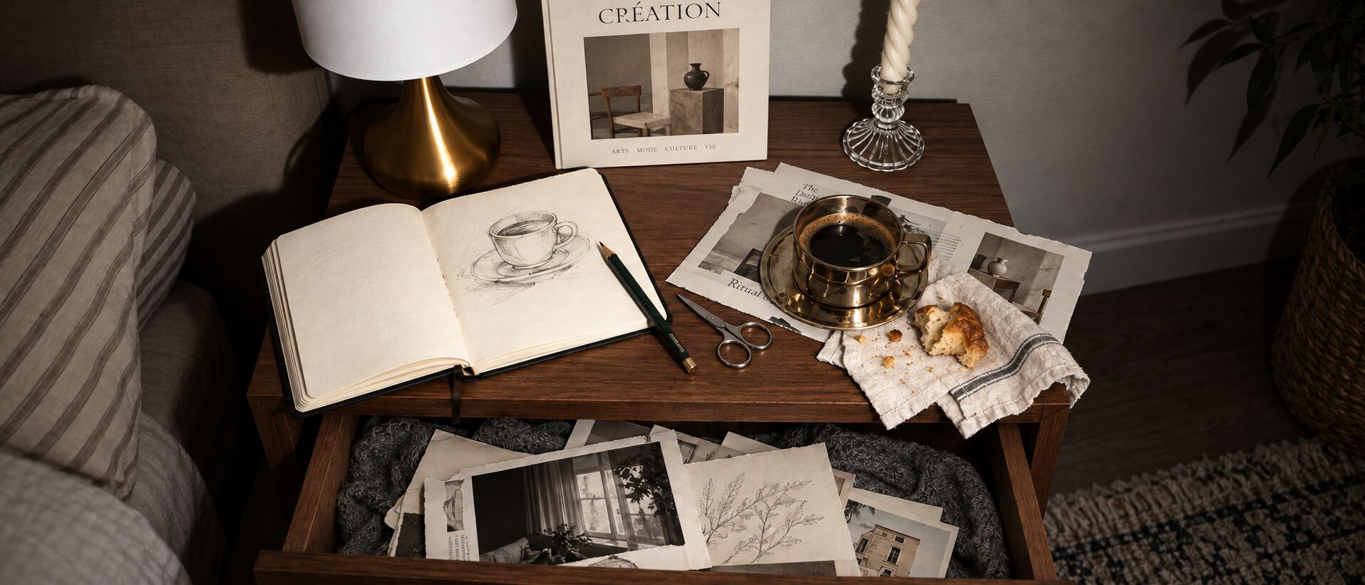 A morning table with a sketchbook, coffee, scissors and torn magazine pages