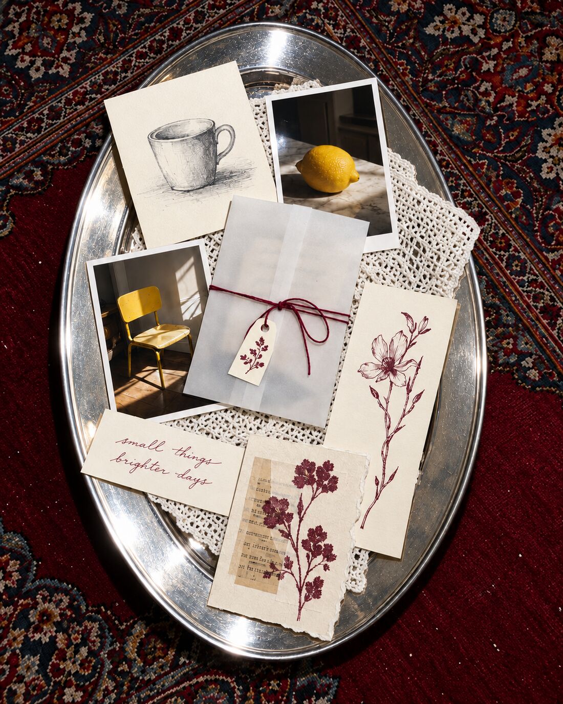 A silver tray of small handmade things: sketches, photos, notes