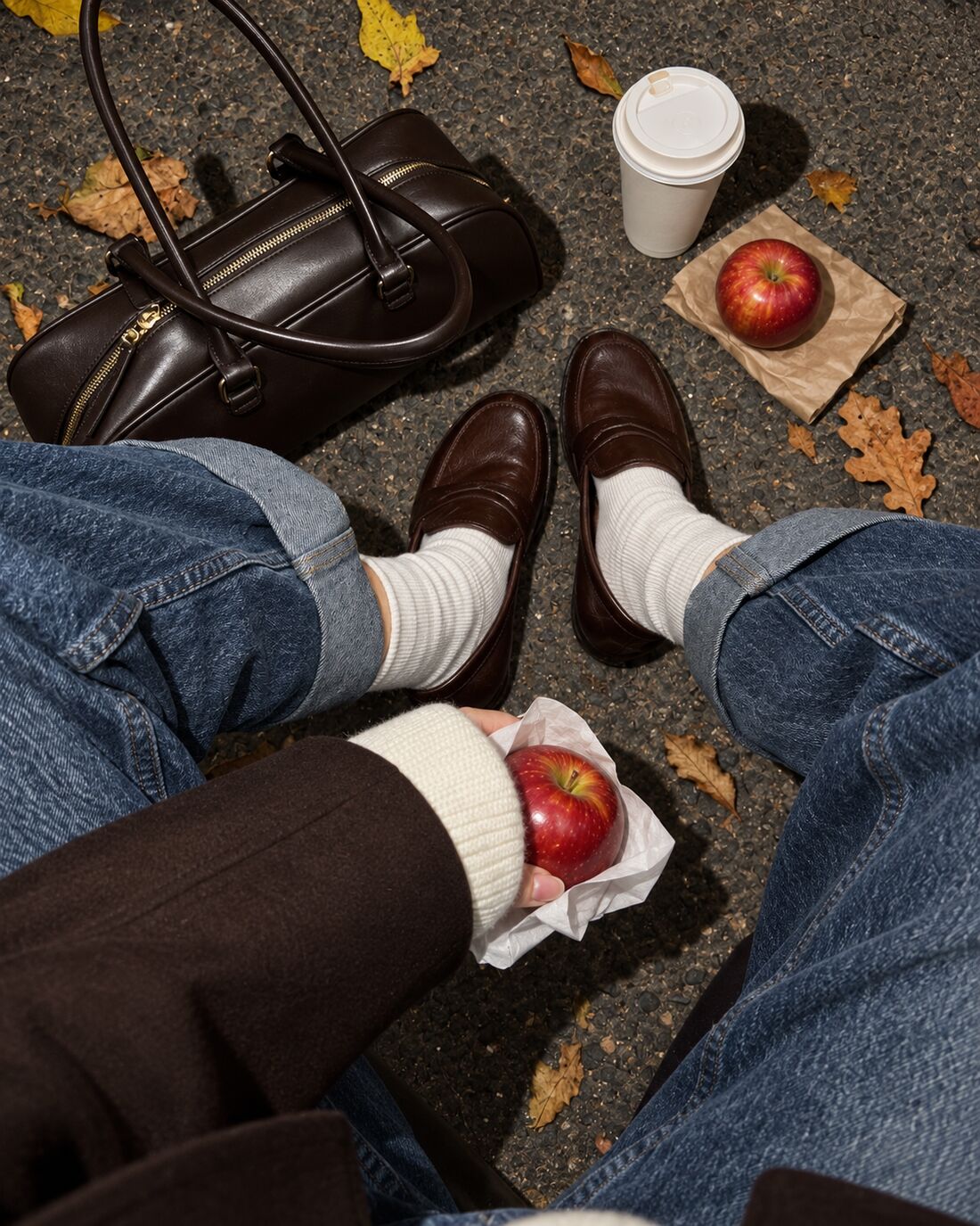 Autumn leaves, red apples and coffee on a cobblestone street
