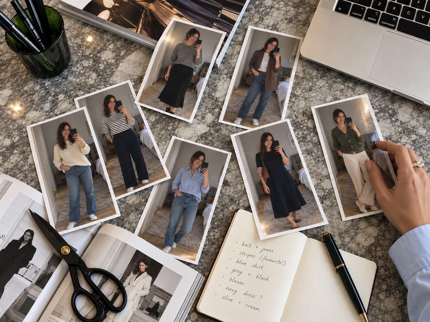 Printed outfit photos from the week spread out on a table