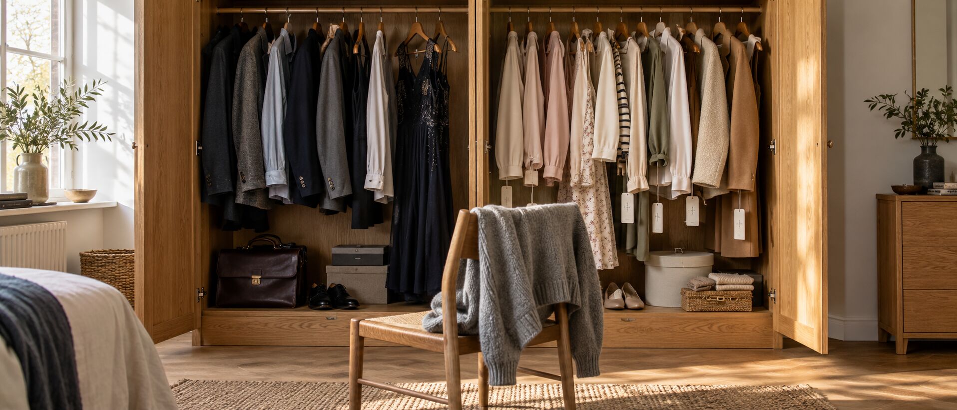 An open closet with dark clothes on one side, light clothes on the other and a chair with a gray sweater in the middle